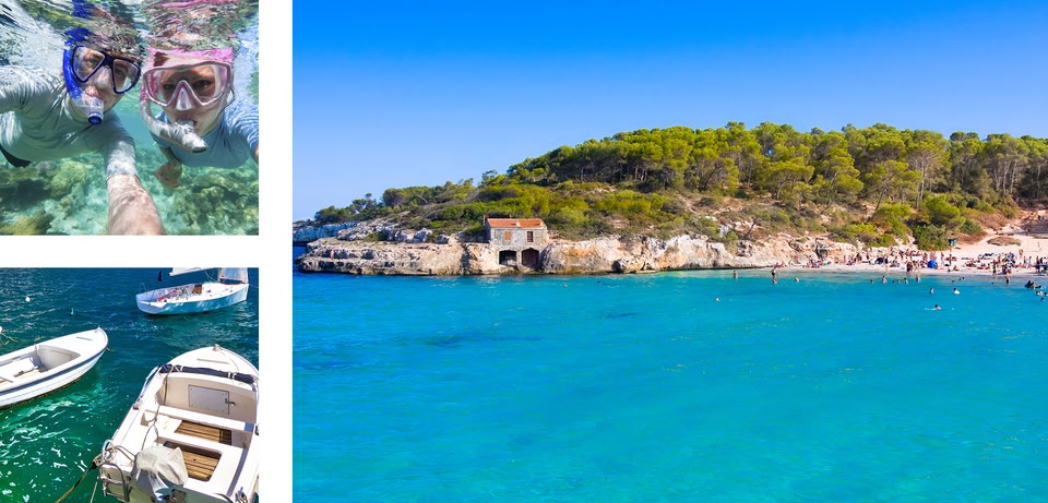Un collage di foto che mostra attività estive al mare: snorkeling, barche e una spiaggia affollata con acqua cristallina.
