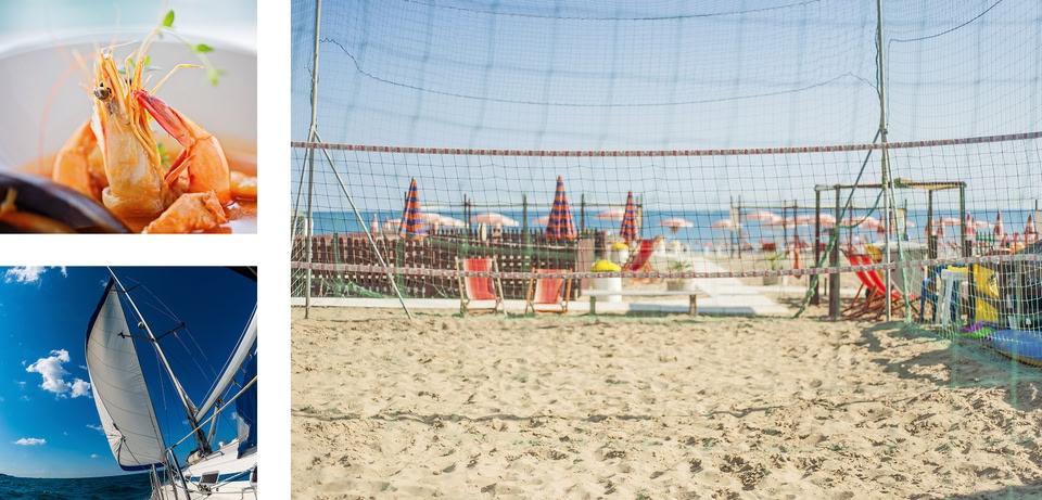 Collage: Gamberetti cotti, barca a vela e campo da beach volley soleggiato.