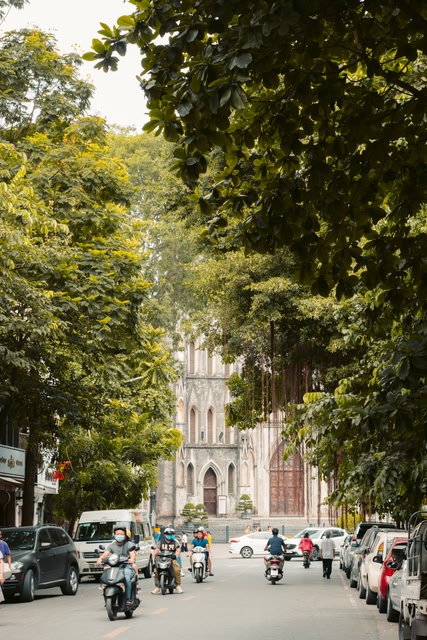 tree-lined street in Hanoi's French Quarter.