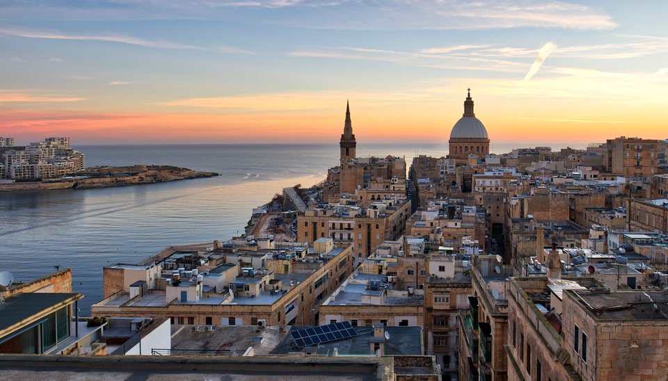 City skyline view at sunset