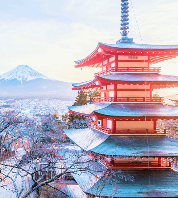 A cinematic photo of Chureito Pagoda with Mount Fuji a prominent landmark in the background.