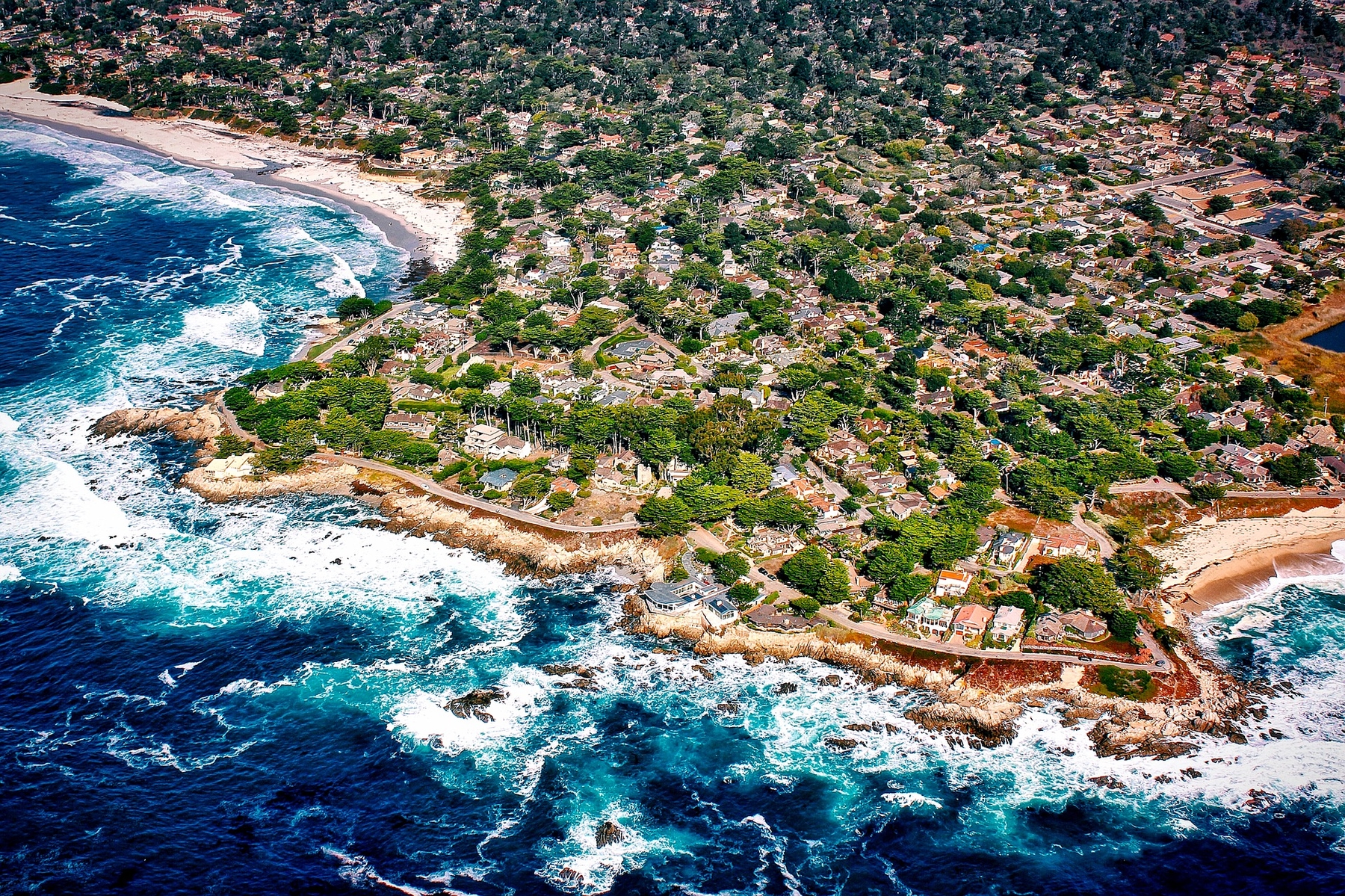 drone shot of the shores of Carmel by the Sea during the day