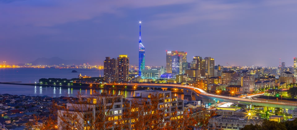 Panorama view of Hakata cityscape skyline in Fukuoka, Japan.