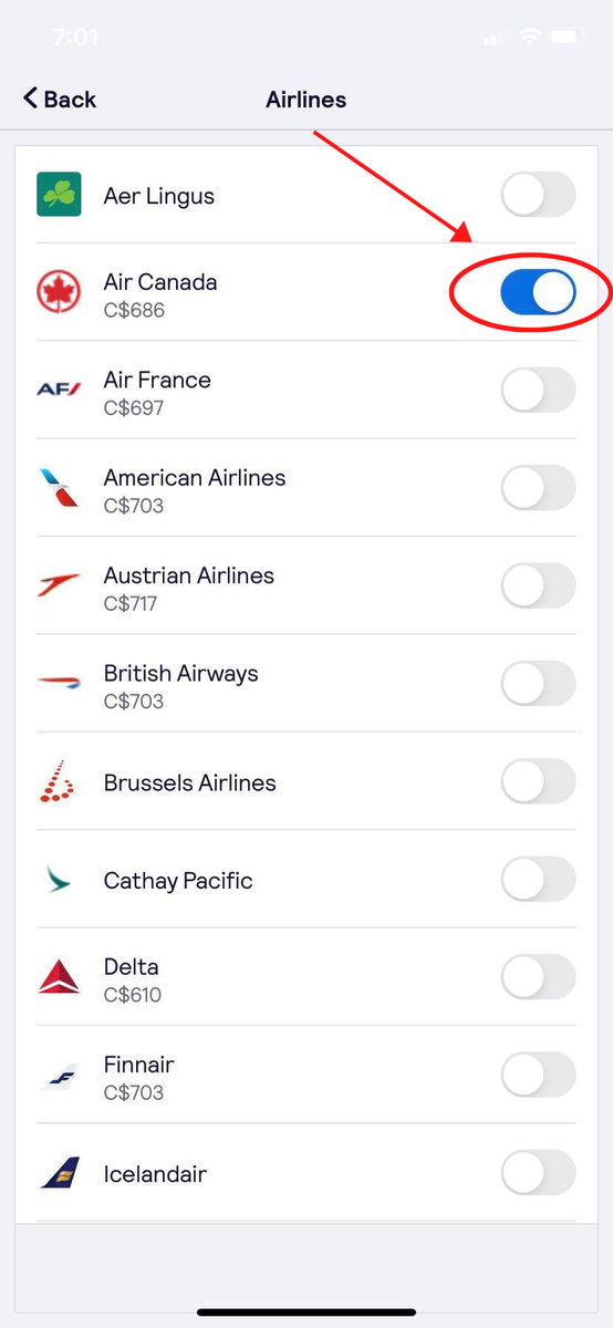 booking with Air Canada on the Skyscanner app