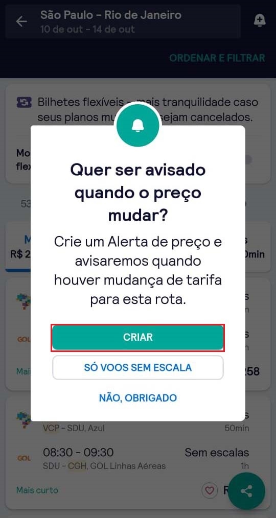 Alertas de preço ativados no aplicativo do Skyscanner