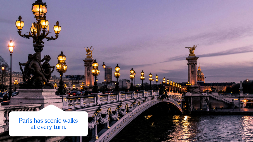 An image of a Paris bridge during night time.