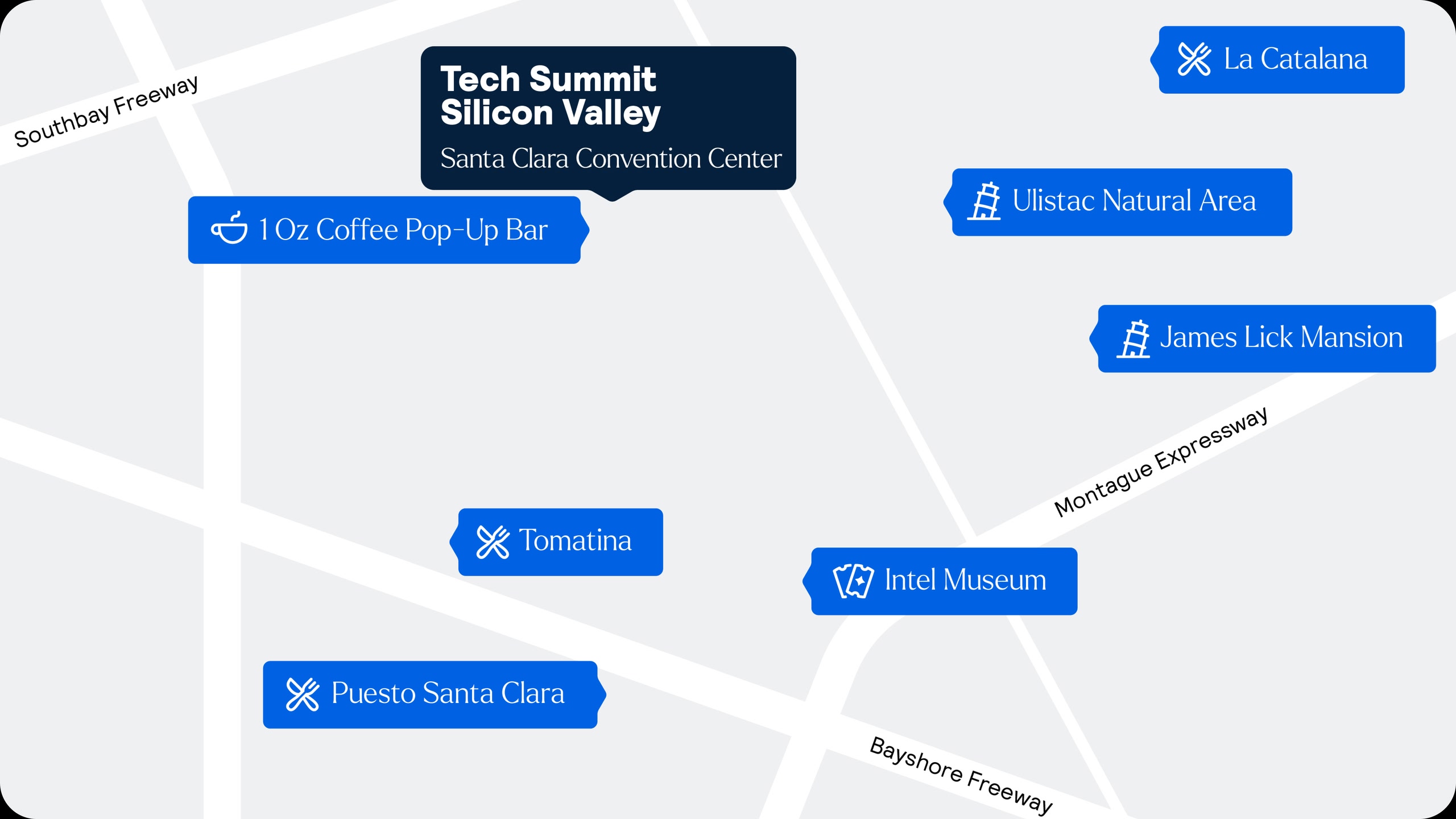 Map showing the venue for Tech Summit Silicon Valley, along with nearby restaurants, coffee shops, and attractions.
