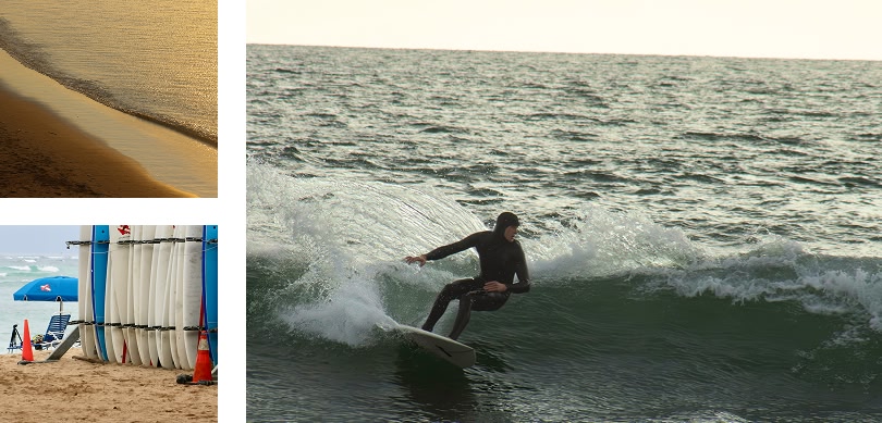  una persona che fa surf, una spiaggia durante il tramonto e i dettagli delle tavole da surf sulla spiaggia