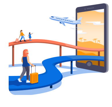 Ilustração de duas vias de entrada por onde passam pessoa scom malas e um avião.