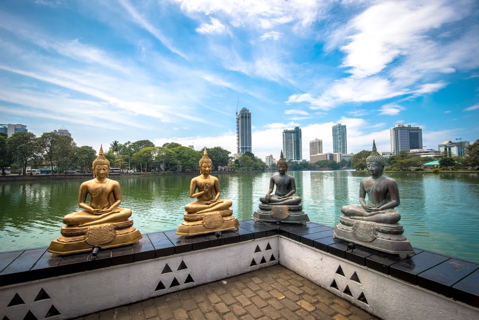 COLOMBO, SRI LANKA - FEBRUARY 16, 2016: The Seema Malaka Temple in Colombo is situated on Beira Lake and is part of the Gangaramaya Buddhist Temple Complex.