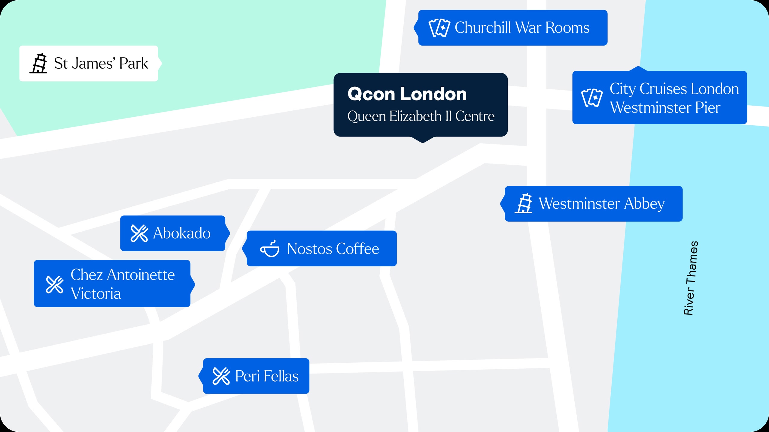 Map of the QCon London venue location with nearby restaurants, coffee shops, and attractions.
