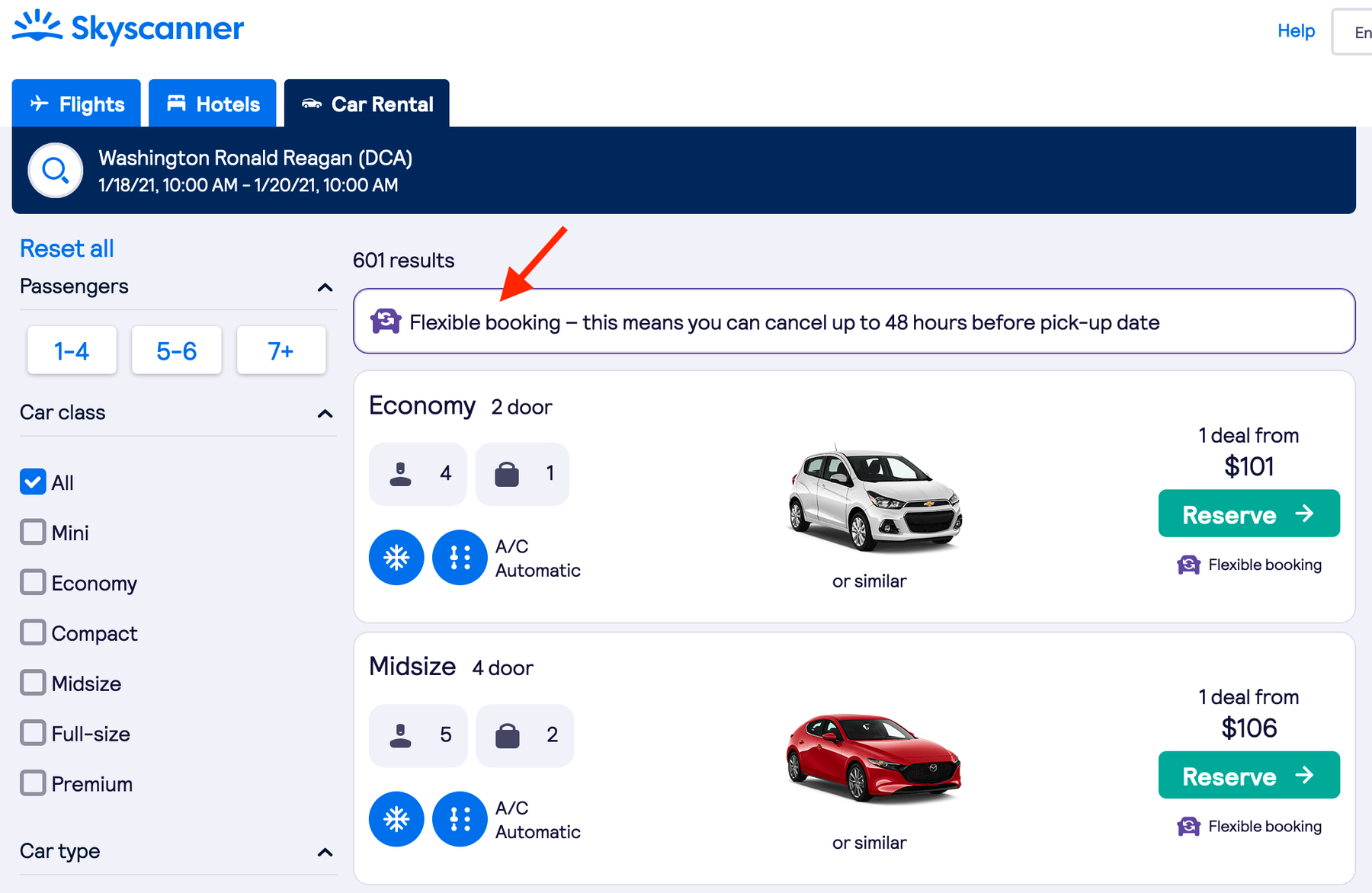 Keep an eye out for Skyscanner's car rental flexible booking icon.