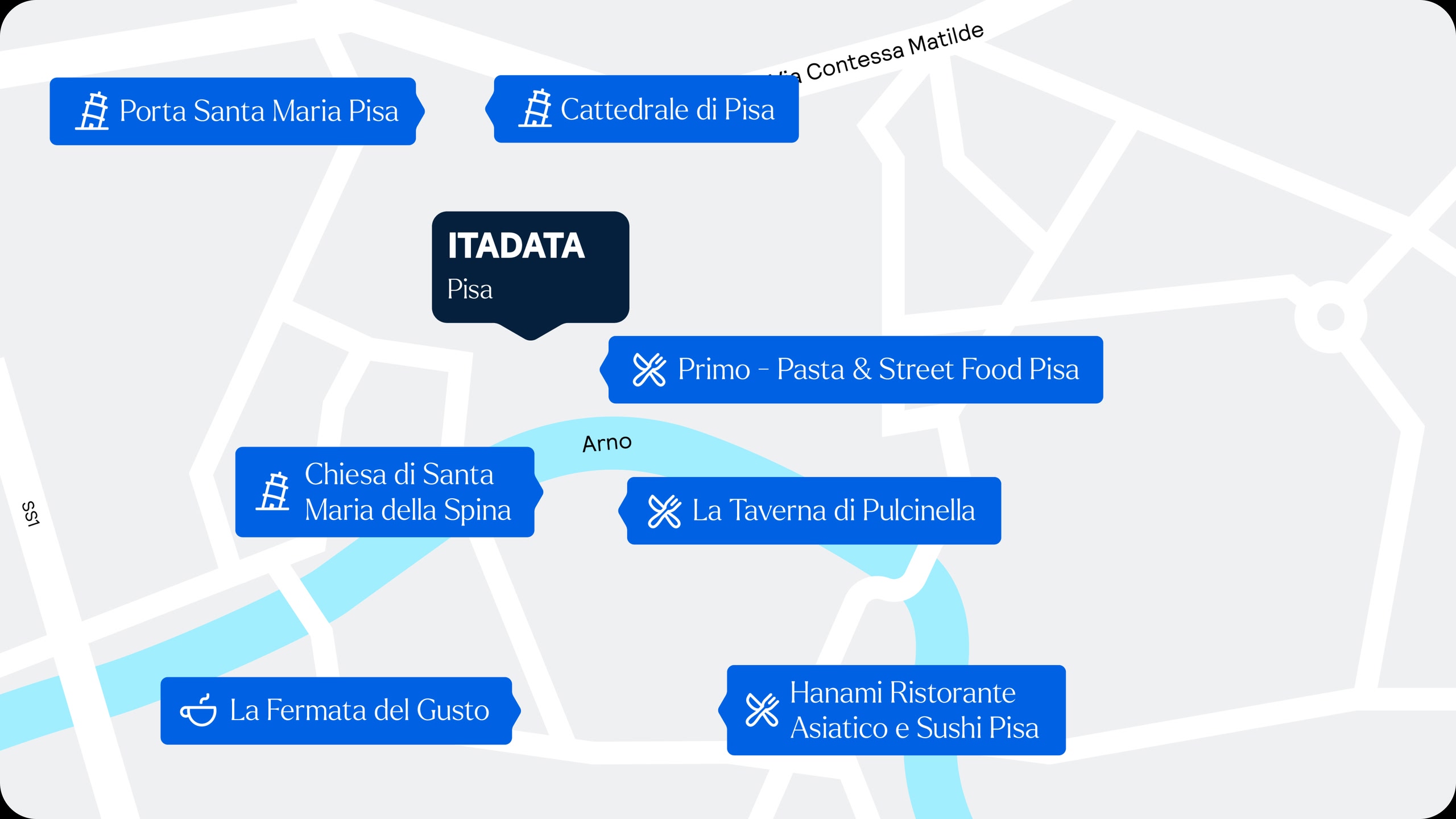 Mappa che mostra la sede di ITADATA, insieme ai ristoranti, caffetterie e attrazioni nelle vicinanze.