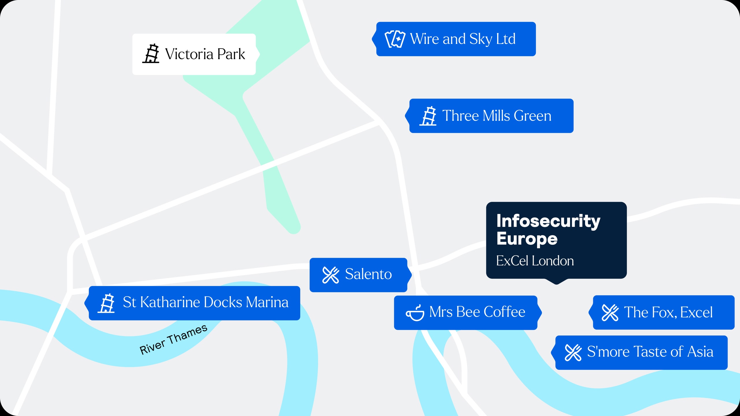 Map of the Infosecurity Europe venue location with nearby restaurants, coffee shops, and attractions