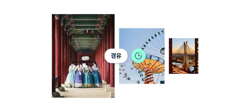     유니언잭 깃발, 동상, 역사적인 건물이 있는 런던 거리를 담은 여행 테마 콜라주로, 중앙의 ‘Layovers’ 라벨과 함께 경유 여행지를 나타냅니다.