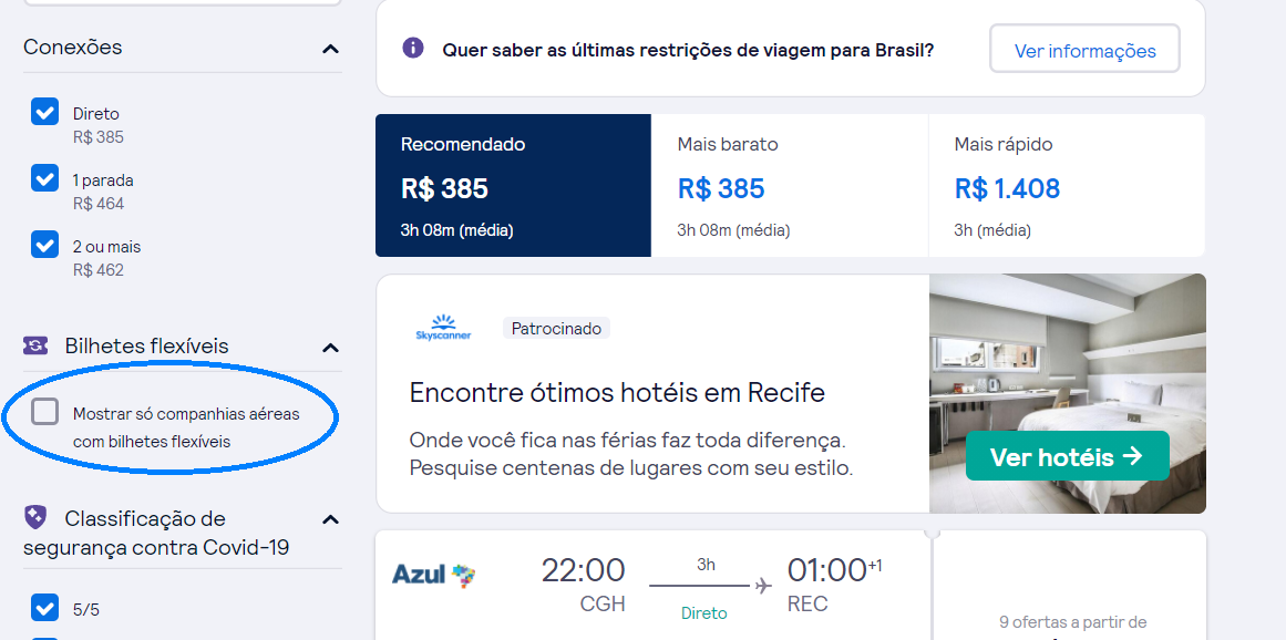 Destaque do menu lateral esquerdo na página de resultado com ofertas de passagens aéreas.