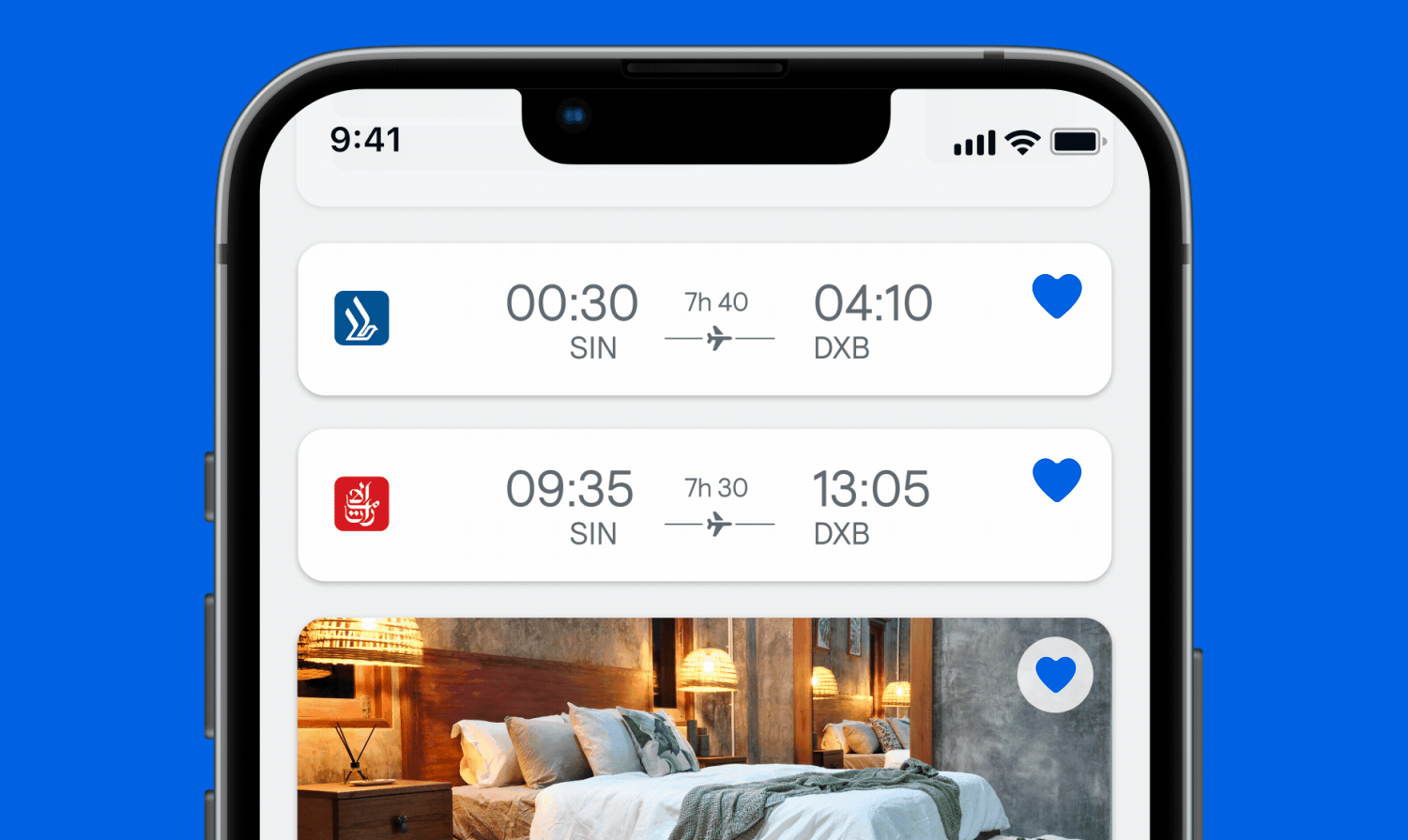 Screenshot of Skyscanner Saved list feature. The heart icons are animated to highlight in blue 
