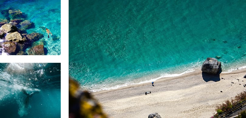 Collage di scene di spiaggia: snorkeling, vista subacquea e vista aerea della spiaggia.