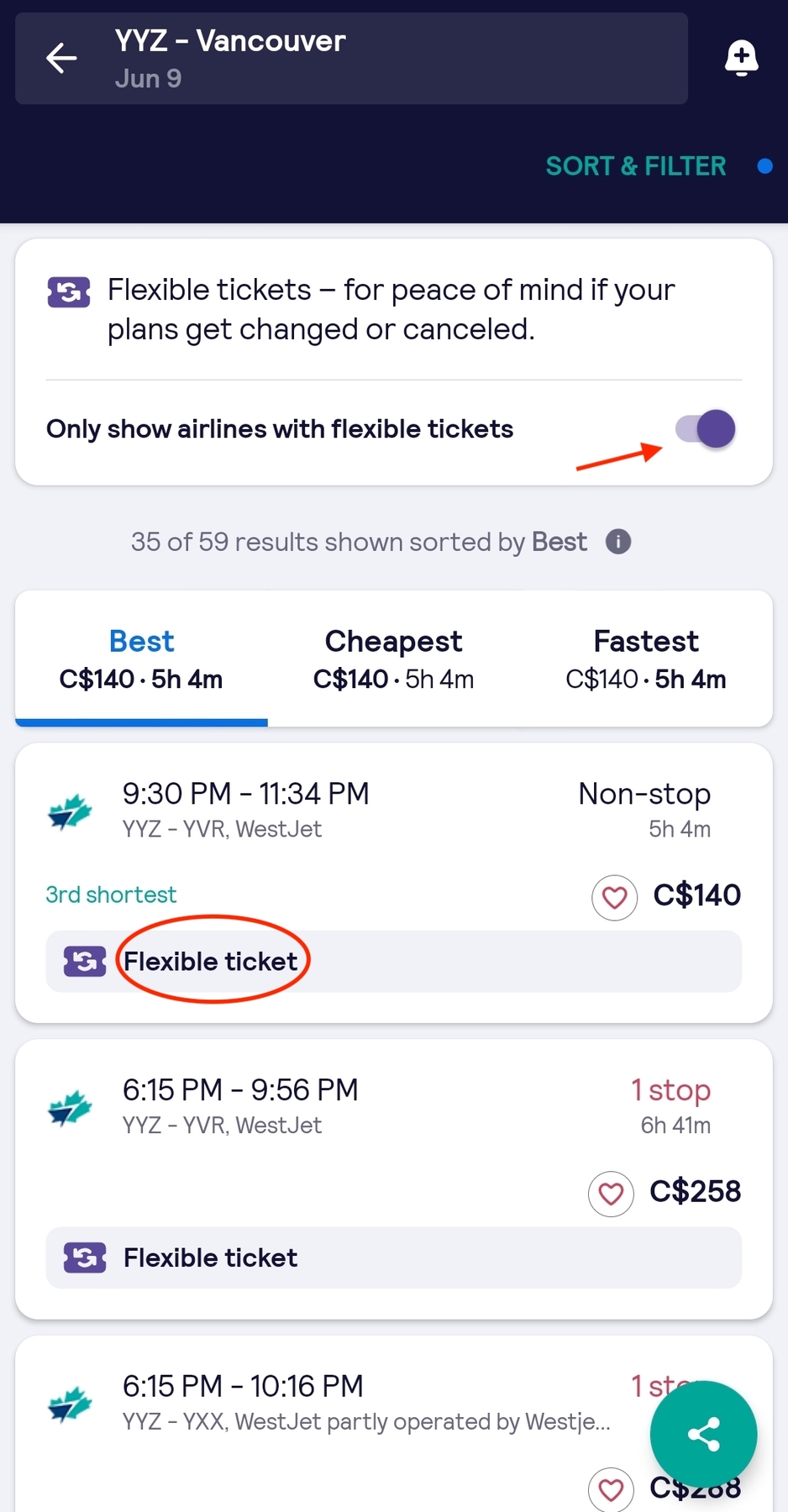 skyscanner app screenshot and a list of flights from Toronto to Vancouver with the flexible tickets option enabled