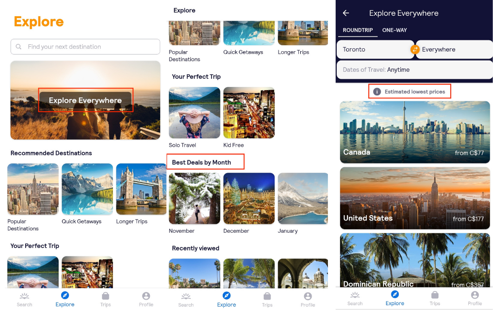 screenshots of the Skyscanner app flight search in Canada