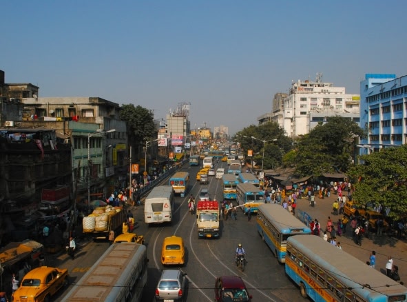 Busy road in Indian city during daytime