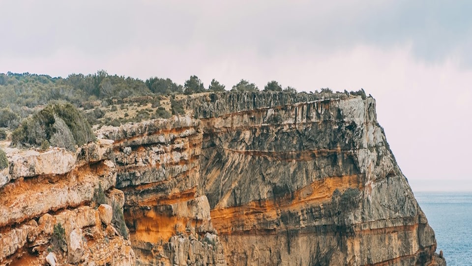 Scogliere stratificate con vegetazione che si affacciano sull'oceano sotto un cielo nuvoloso.