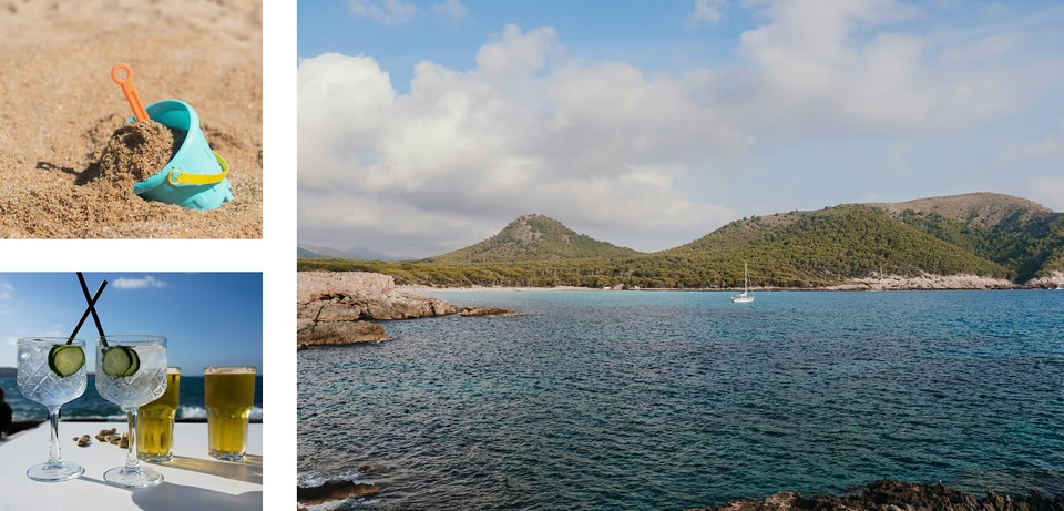 Un collage di foto che evocano l'estate: un secchiello sulla sabbia, bevande fresche e un paesaggio costiero.