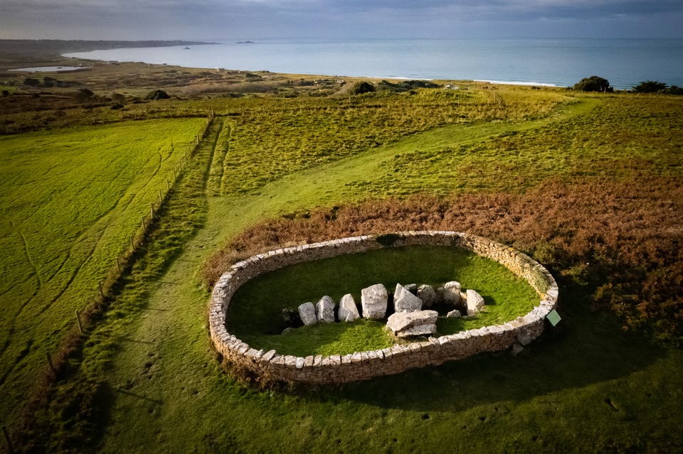 Dolmen du Mont Grantez, a prehistoric standing stone site in Jersey, viewed from above.