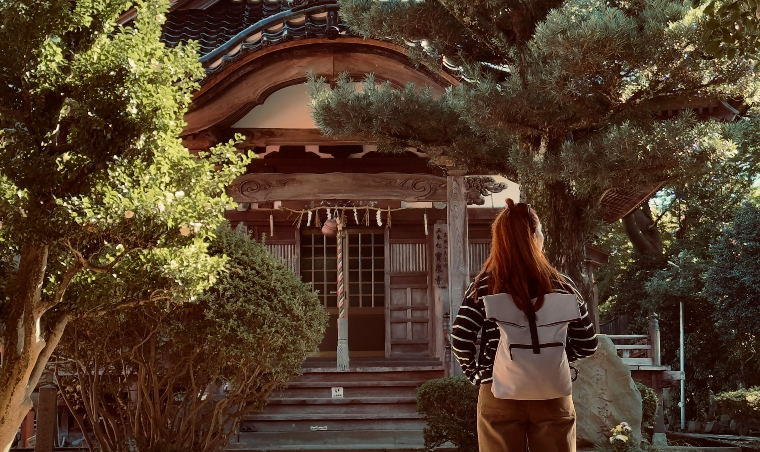 樹木で半分隠れた日本の寺の前に立つ、クリーム色のバックパックを背負った女性。