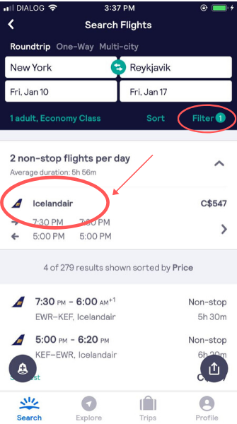 screenshot demonstrating how to filter Icelandair flights on the app