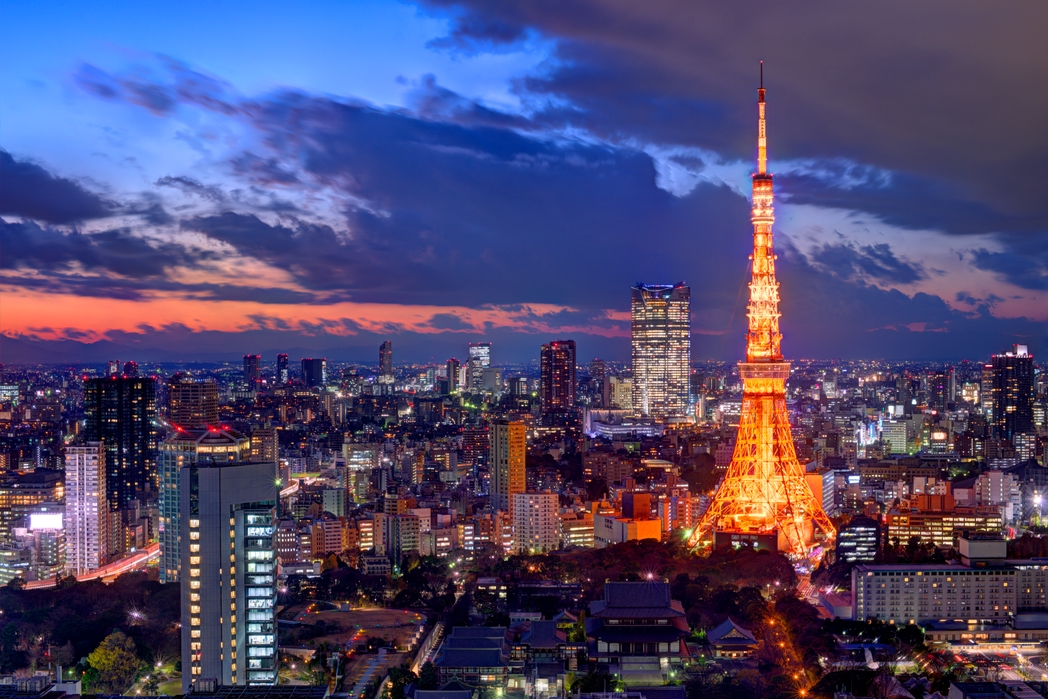 The Tokyo Tower illuminated at night