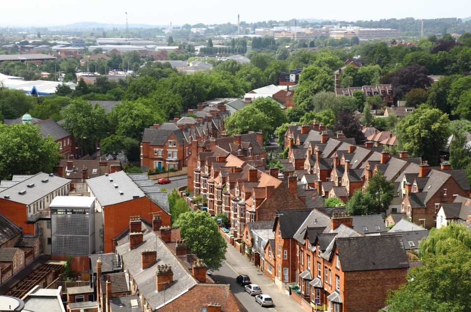 Aerial view of residential street in Nottingham, England