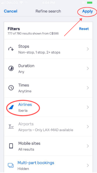 screenshot demonstrating how to filter for Iberia flights on the app
