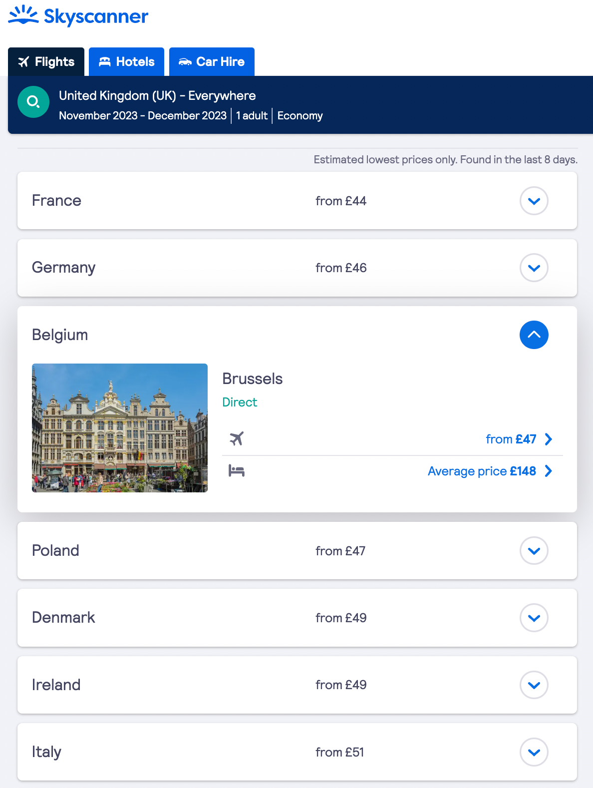 A screenshot with Skyscanner travel prices for flights from the United Kingdom to everywhere