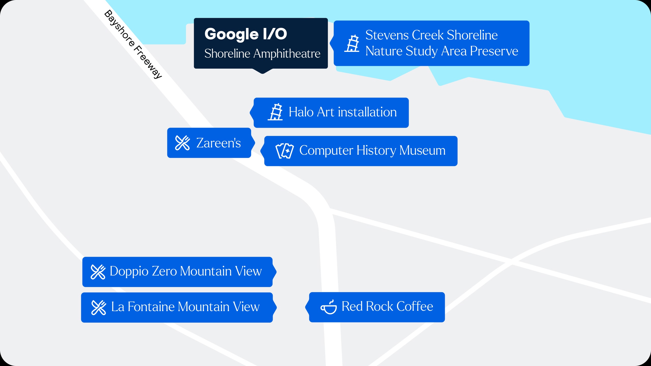 Map showing the venue for Google I/O, along with nearby restaurants, coffee shops, and attractions.