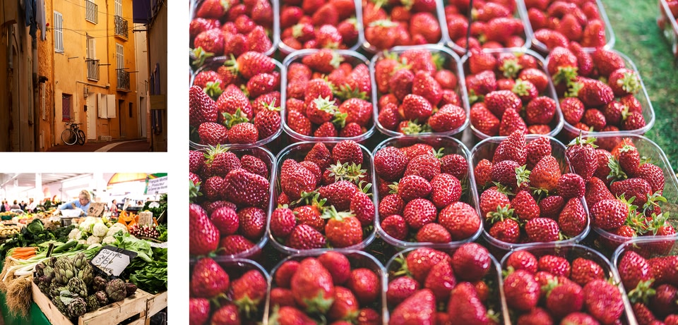 delle fragole fresche, prodotti locali al mercato e l'esterno di una casa