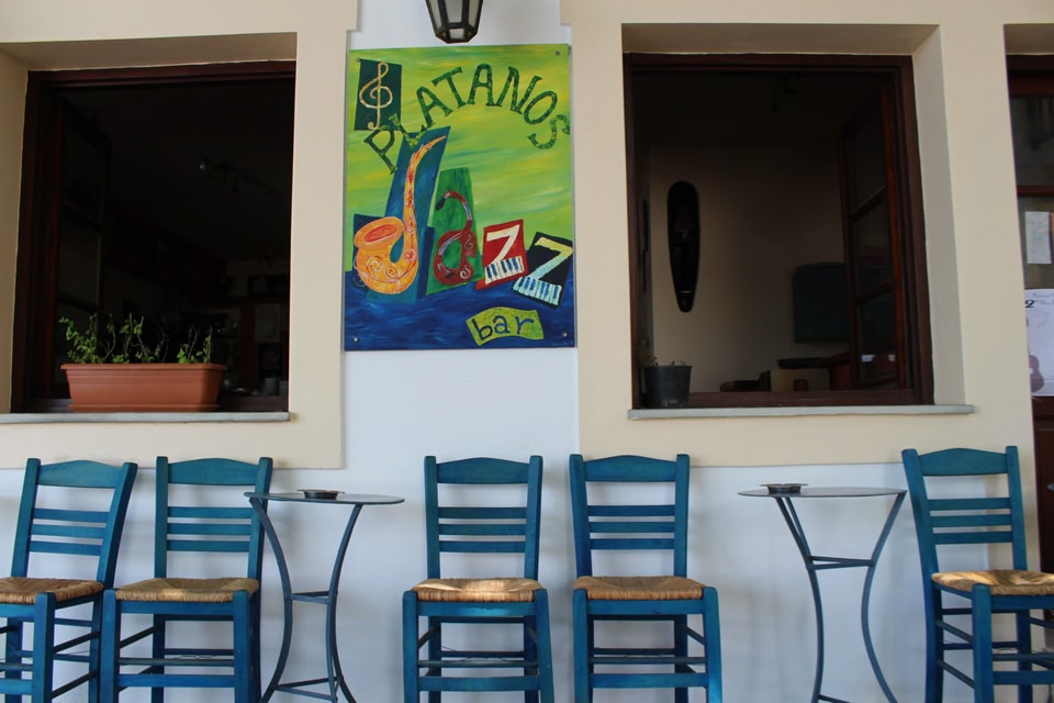 Blue chairs outside a local jazz bar on the Greek island of Skopelos