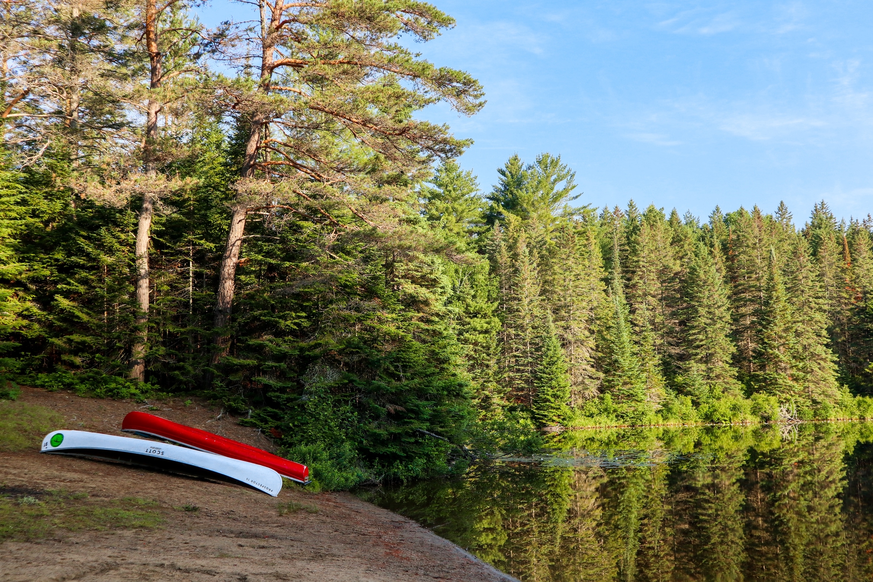 two canoes resting by a lake in the forest in Ontario