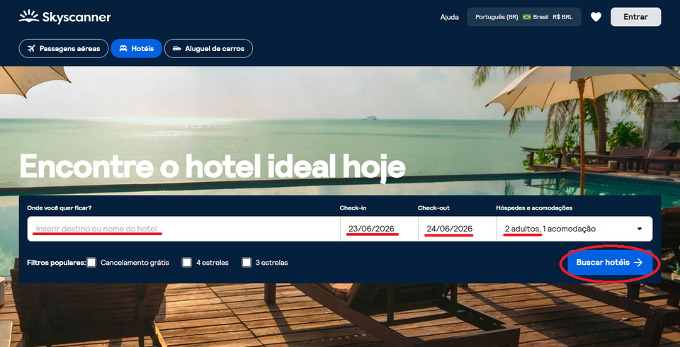 Página inicial de buscas Skyscanner - hotéis baratos