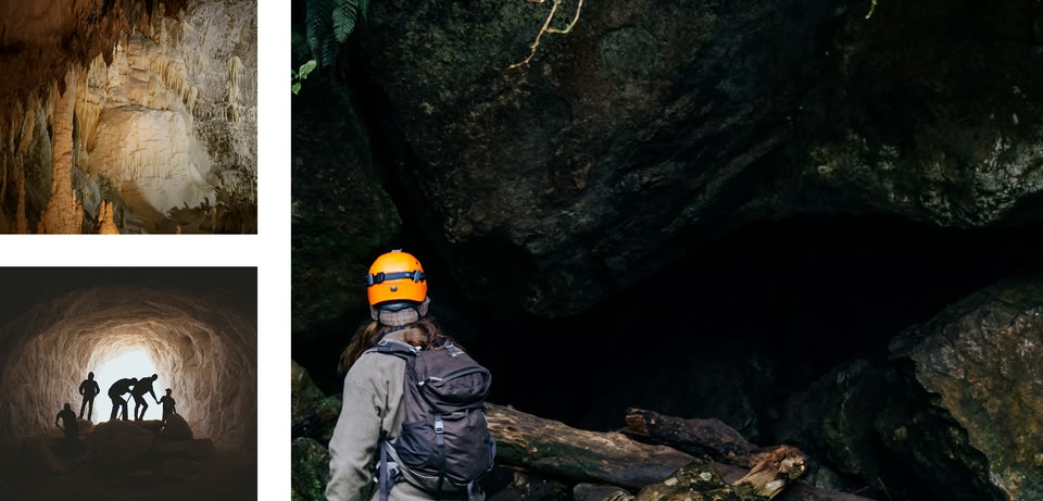 A collection of cave images: a person entering a dark cave, a cave interior with stalactites and stalagmites, and a cave tunnel with a group of people at the end.