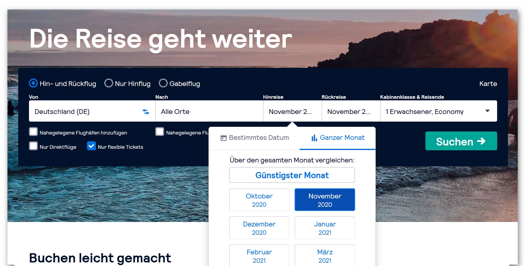 Ganzer Monat Funktion nutzen, um Flugangebote zum Black Friday und Cyber Monday zu finden