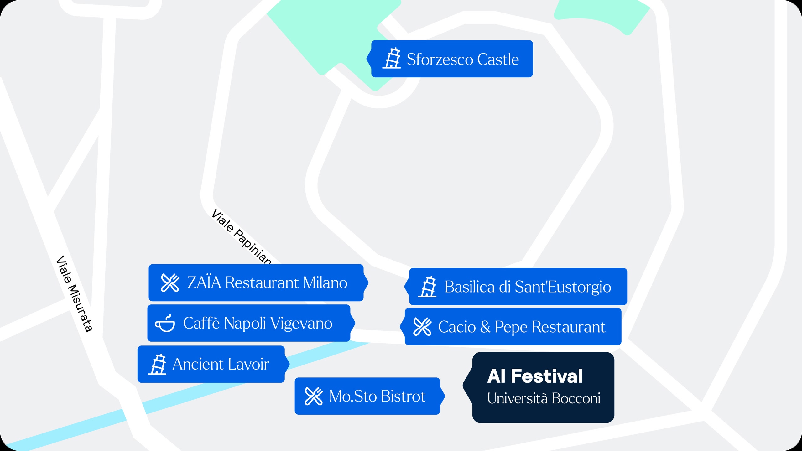Mappa che mostra la sede del Festival AI, insieme ai ristoranti, caffetterie e attrazioni nelle vicinanze.