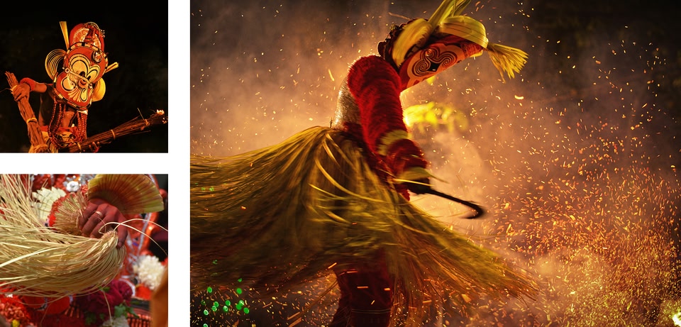 3 images of vibrant costumes, intricate masks, and performing a dance
