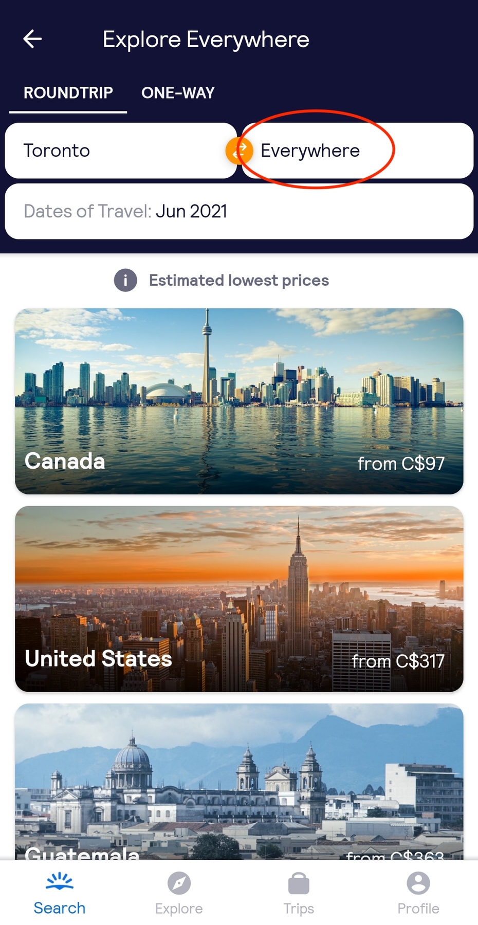 Everywhere flight search from Toronto to Everywhere, screenshot of the Skyscanner travel app