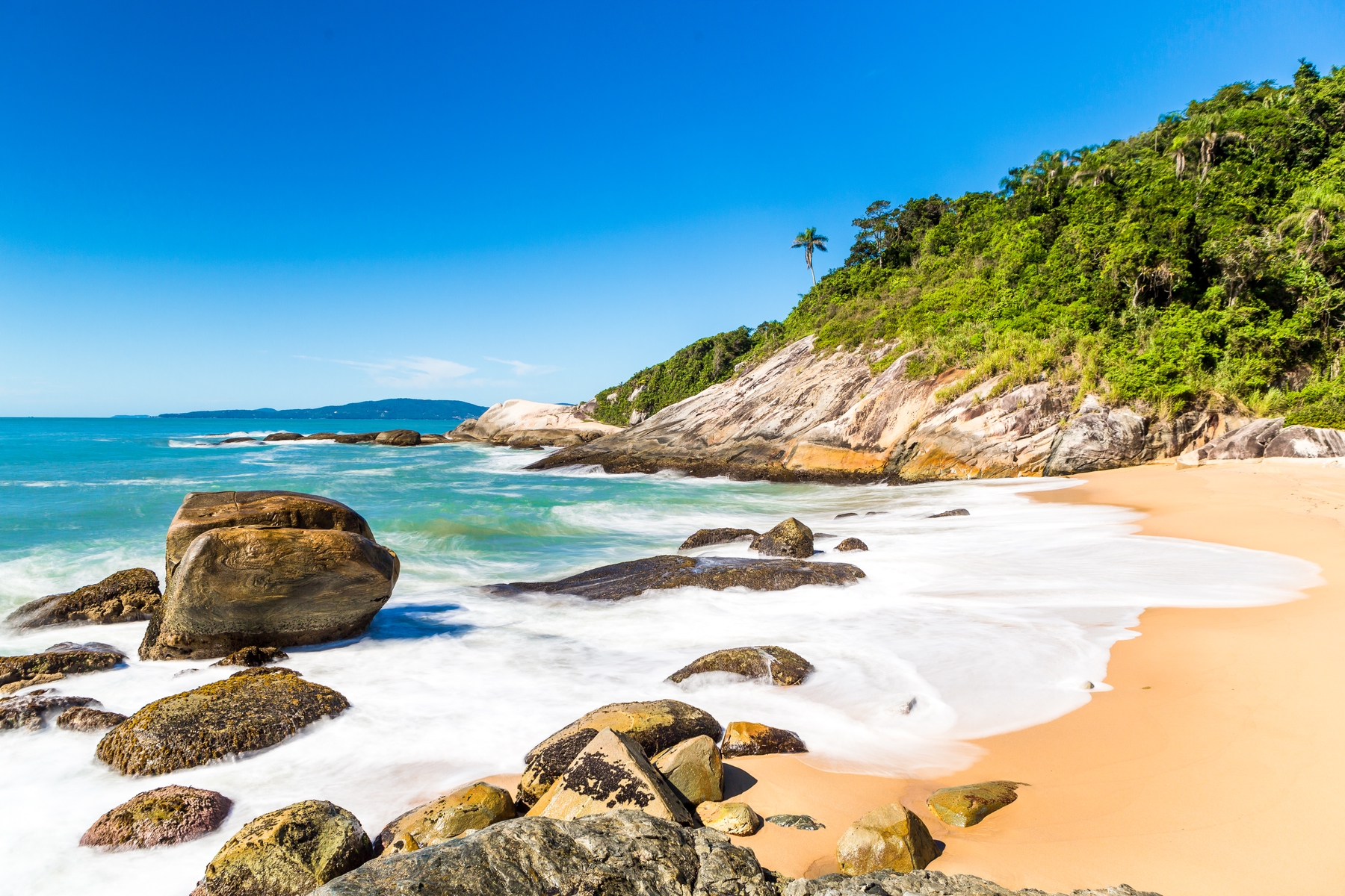 Pedras e vegetação na beira da praia, no canto da Praia do Estaleirinho.