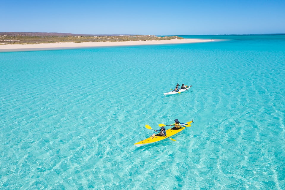 Aerial view of Kayaks off the coast of Cape Range National Park, Exmouth