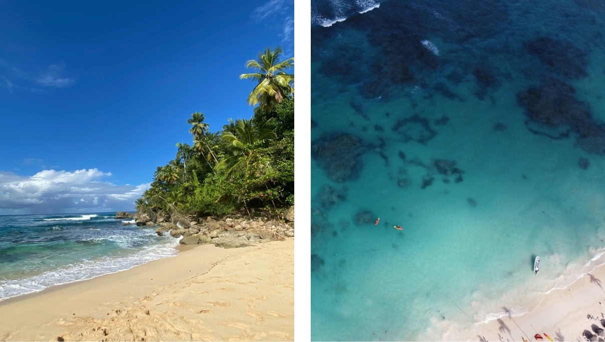 Two images of the sandy water in Punta Cana during the day. 