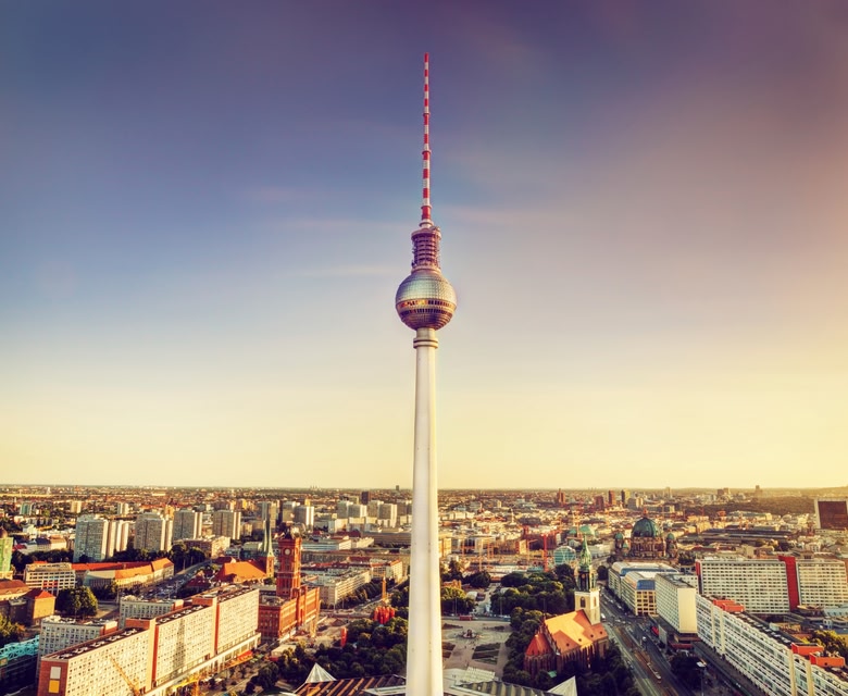 The TV tower of Berlin with the city laid out beneath it.
