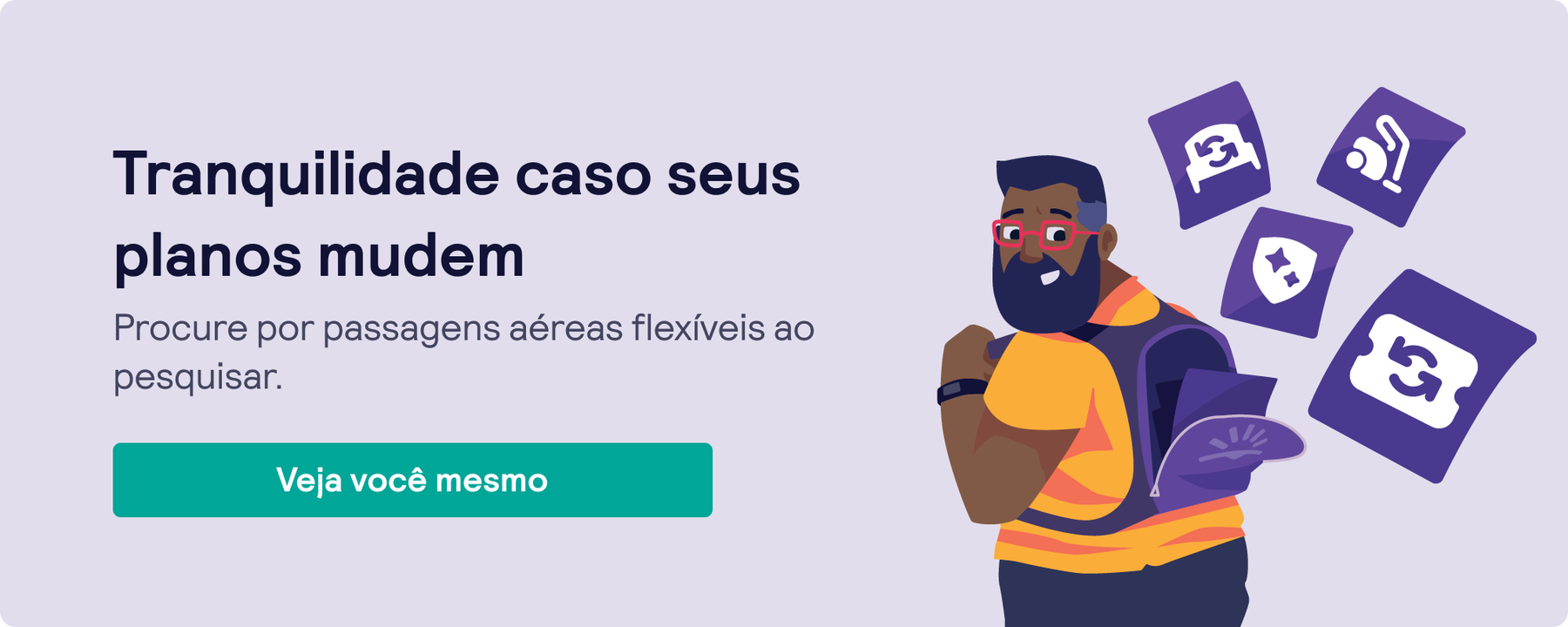 Ilustração de um homem com uma mochila de onde saem várias ferramentas do Skyscanner que ajudam você a viajar com segurança na pandemia.