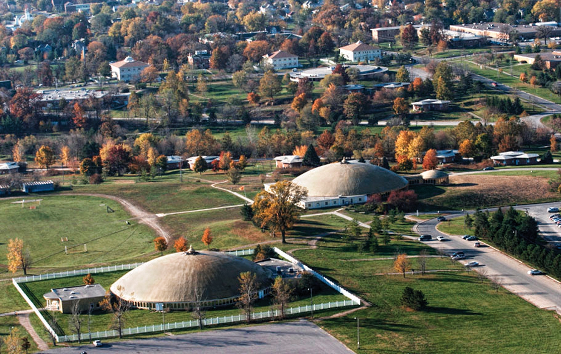 Aerial view of Maharishi International University's two domes.